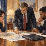 Conceptual painting of advisers discussing an intelligence briefing at a policy table.