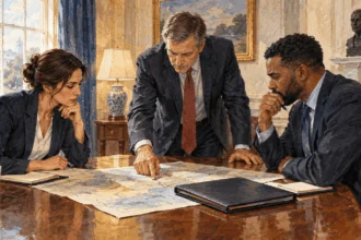 Conceptual painting of advisers discussing an intelligence briefing at a policy table.