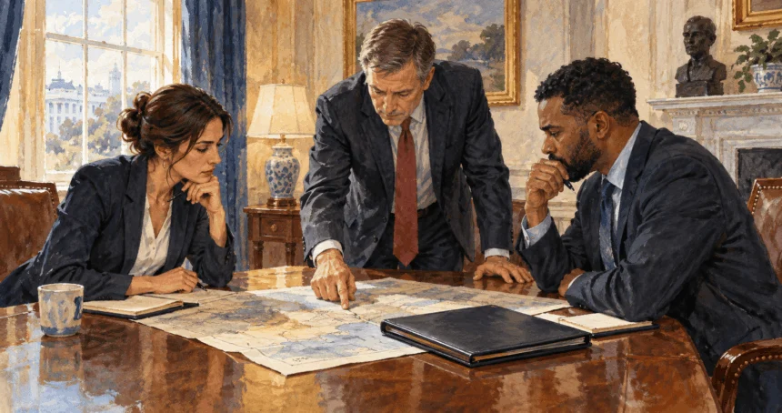 Conceptual painting of advisers discussing an intelligence briefing at a policy table.