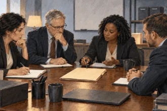 Oversight advisers review an unmarked intelligence file with an agency liaison.
