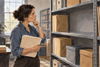 Conceptual watercolor of a researcher considering closed archive folders and an empty shelf space.