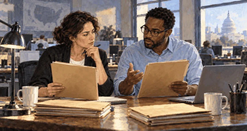 Conceptual painting of researchers examining records of political violence.