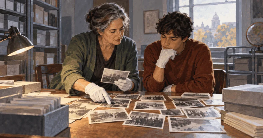 Conceptual painting of a historian and visitor examining unmarked 1960s archive photographs.