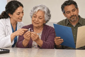 Older adult and audiologist examine a hearing aid while family member compares plan folders.