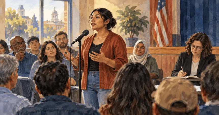 Conceptual painting of a community member speaking at a public meeting.