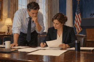 Staff prepare a presidential address during a hypothetical crisis.