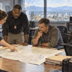 Conceptual painting of investigators comparing a map in a regional operations room.