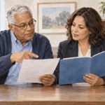 Federal retiree and counselor review an annuity statement and health-plan folder.