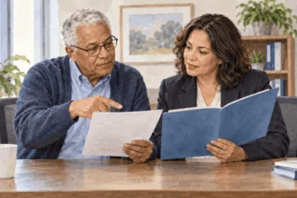 Federal retiree and counselor review an annuity statement and health-plan folder.