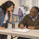 Painted illustration of a voter asking a poll worker a question at a primary-election check-in table.