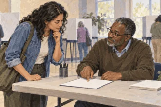 Painted illustration of a voter asking a poll worker a question at a primary-election check-in table.