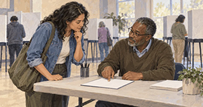 Painted illustration of a voter asking a poll worker a question at a primary-election check-in table.
