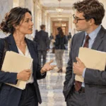 Painted illustration of an advocate speaking with a staff member in a government building hallway.