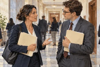 Painted illustration of an advocate speaking with a staff member in a government building hallway.
