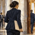 Painted advocates carrying folders through a legislative hallway toward a meeting.