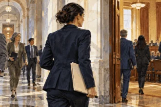 Painted advocates carrying folders through a legislative hallway toward a meeting.