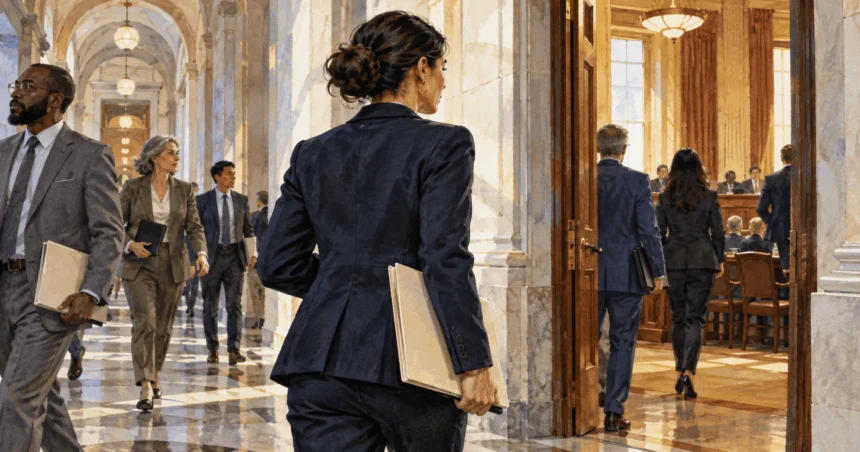 Painted advocates carrying folders through a legislative hallway toward a meeting.
