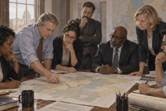 State officials and map technicians review a proposed district boundary.
