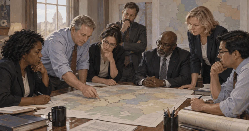 State officials and map technicians review a proposed district boundary.