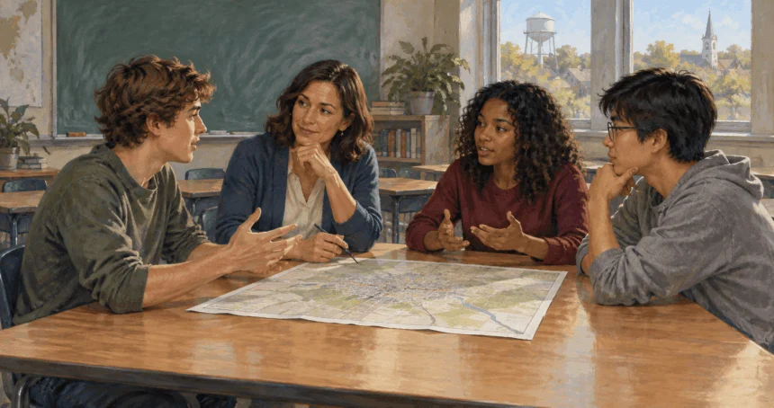 Painted illustration of students discussing a community issue in a civics classroom.