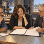Radio station staff and legal adviser review a blank licensing folder in a control room.