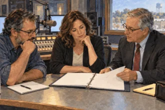 Radio station staff and legal adviser review a blank licensing folder in a control room.