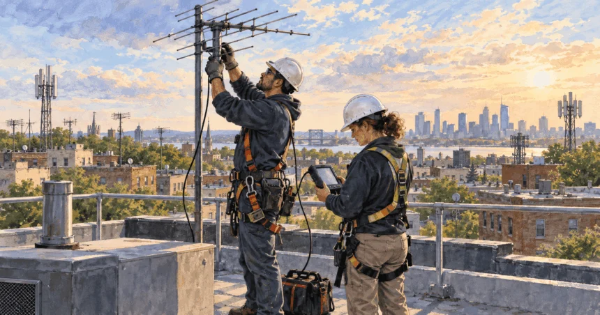 Two communications technicians check an antenna and signal meter on a city rooftop.