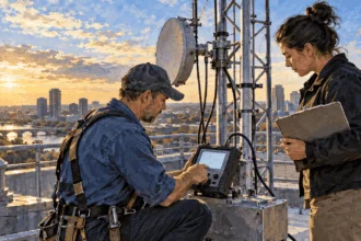 Conceptual painting of a broadcast engineer and inspector checking rooftop transmission equipment.