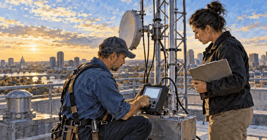 Conceptual painting of a broadcast engineer and inspector checking rooftop transmission equipment.