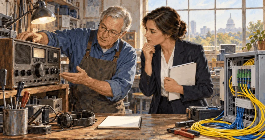 Conceptual watercolor of a technician comparing an analog radio and fiber-optic junction.