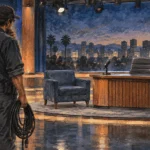 Conceptual painting of a broadcast engineer standing beside an unlit television set.