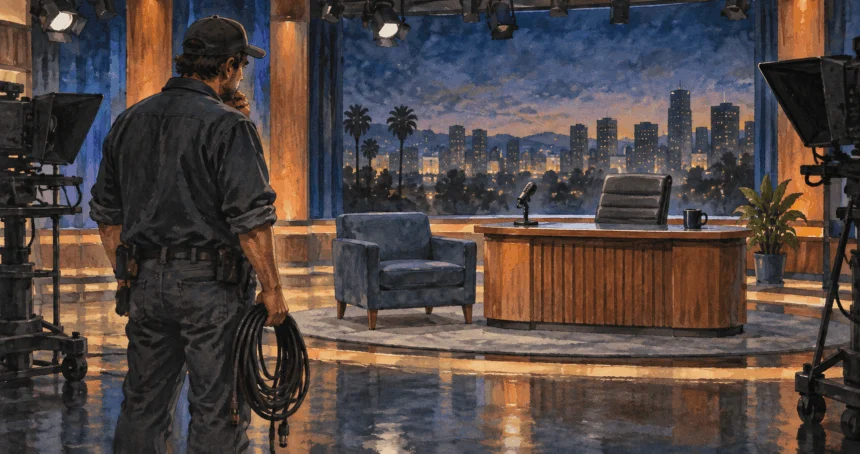 Conceptual painting of a broadcast engineer standing beside an unlit television set.