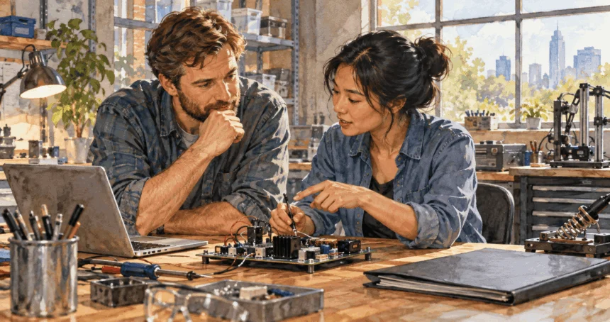 Conceptual watercolor painting of employer and engineer discuss specialized work.