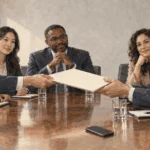 Conceptual painting of negotiators considering a phone-app deal.