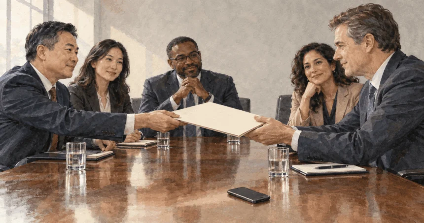 Conceptual painting of negotiators considering a phone-app deal.