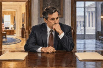 Conceptual painting of a government lawyer considering two closed folders in an office.