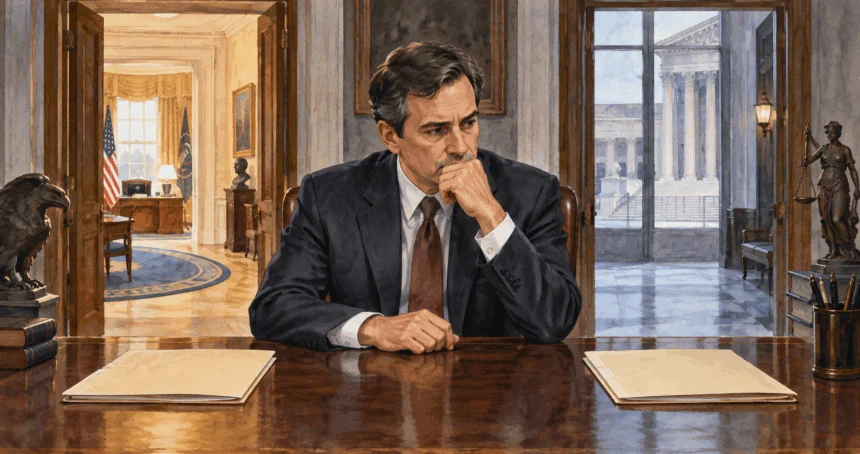 Conceptual painting of a government lawyer considering two closed folders in an office.