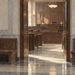 Conceptual painting of two lawyers waiting separately outside a courtroom.
