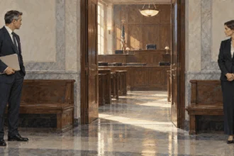 Conceptual painting of two lawyers waiting separately outside a courtroom.