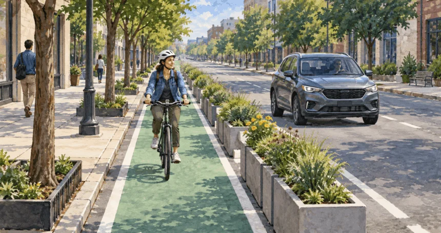 Painted scene of a cyclist using a planter-protected lane beside separate traffic.