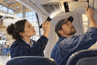 Conceptual watercolor painting of inspector and technician examine aircraft ventilation.