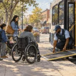 Painted bus driver lowering an accessible ramp for riders at a neighborhood stop.