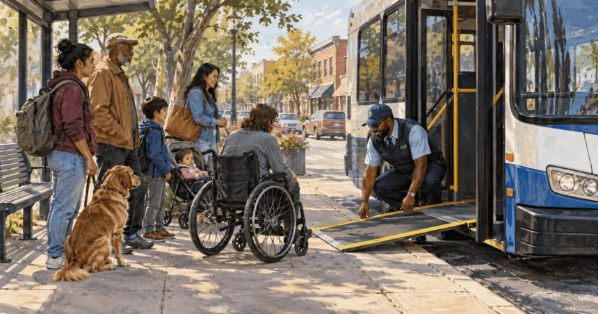 Painted bus driver lowering an accessible ramp for riders at a neighborhood stop.