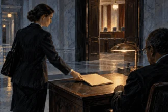 Conceptual painting of a court clerk placing an urgent case folder at an after-hours intake desk.