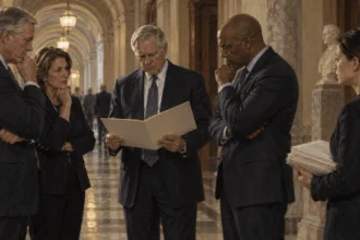 Senators confer over a funding folder outside a chamber.