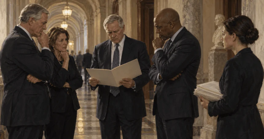 Senators confer over a funding folder outside a chamber.