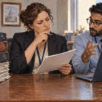 Conceptual painting of a federal buyer comparing a slim AI proposal with a stack of purchasing binders.