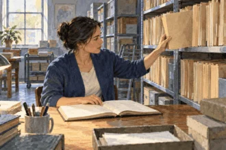Painted illustration of a researcher checking program records in an archive.