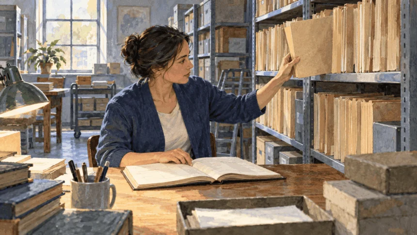 Painted illustration of a researcher checking program records in an archive.