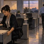 Conceptual painting of a federal worker closing a desk as a colleague leaves a quiet public office.